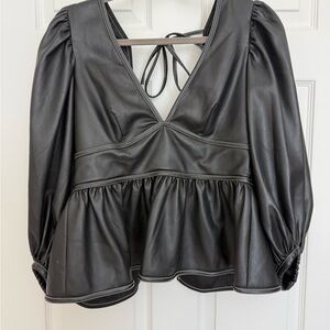 STAUD Black Faux Leather V-Neck Blouse